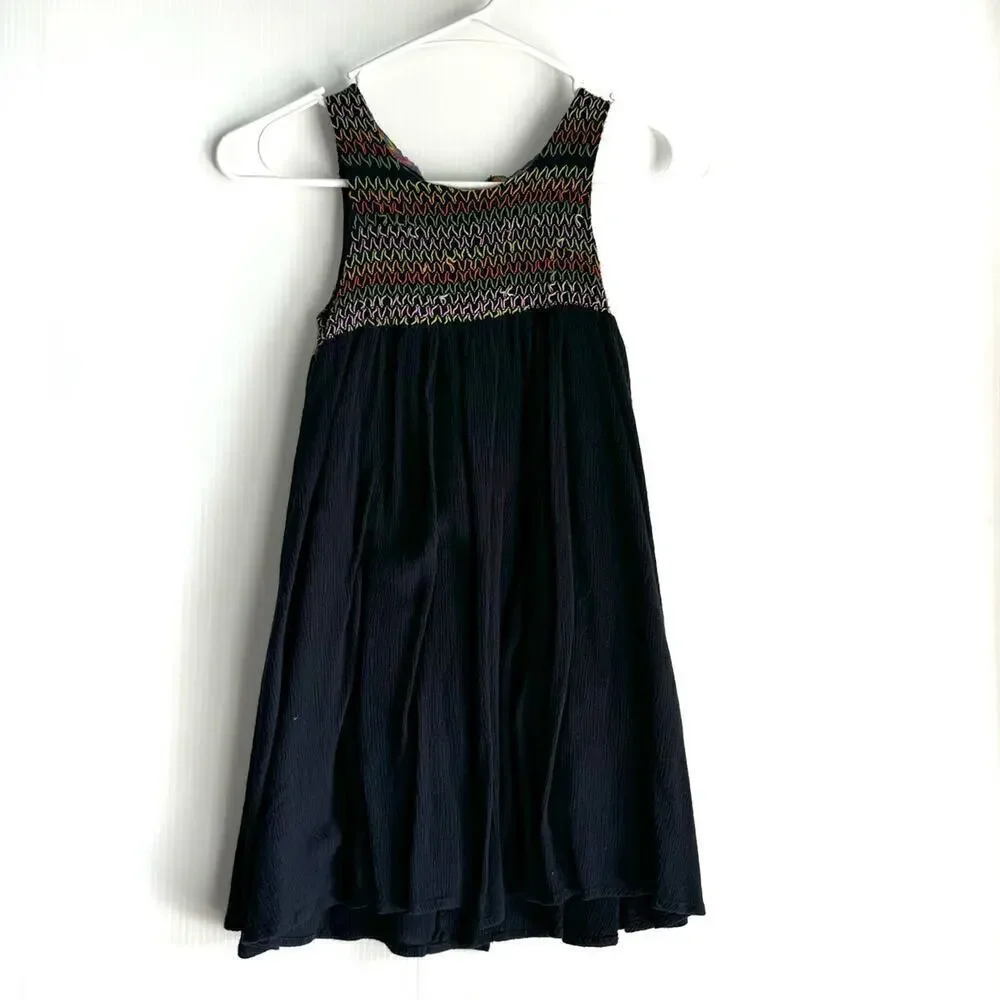 Roxy Black Shirred Dress Multicolored Stitching